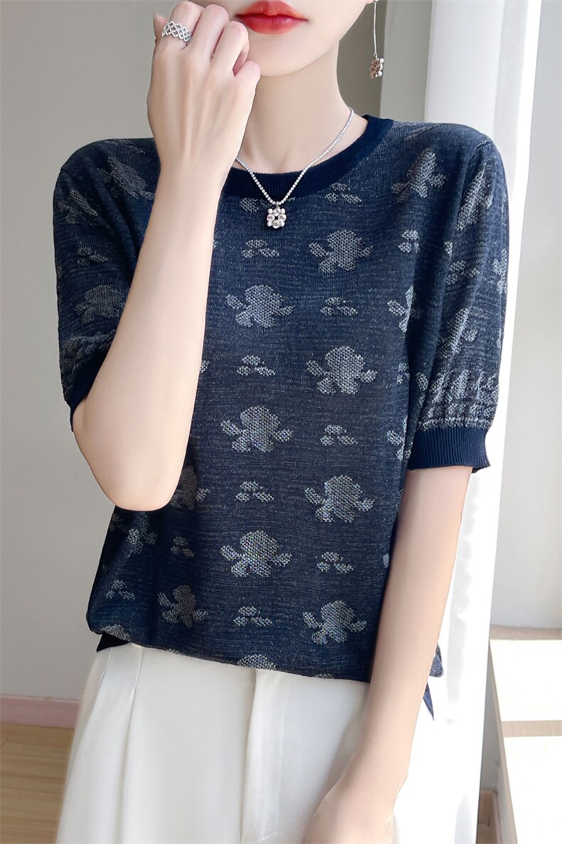 夏季新款天丝提花圆领短袖女宽松百搭显瘦时尚休闲上衣,针织衫/毛衣,暖娇绒