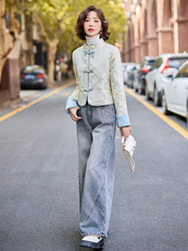 新中式轻薄羽绒服女短款2025年新款春白鸭绒时尚唐装提花外套，女装短外套，水衣源