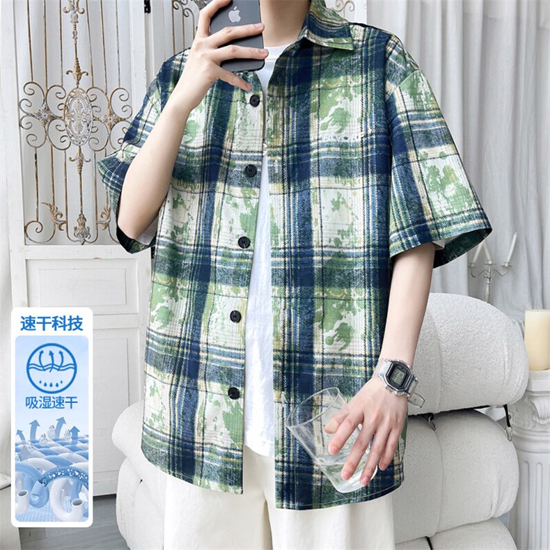 2025夏季新款旋律风车大码冰丝短袖衬衫M-5XHC25464-特P25,男装衬衫,电商A022