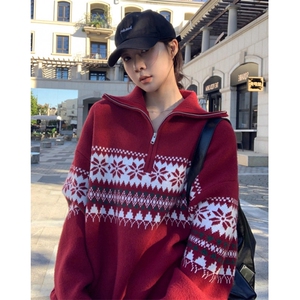 复古费尔岛提花针织衫男女半拉链高领毛衣慵懒感宽松外套MY9605