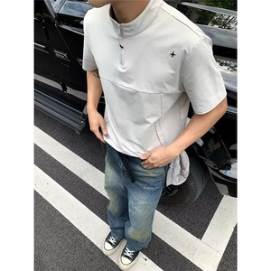 男装极简星标系列户外速干防晒凉感半拉链剪裁拼接短袖T恤男图片