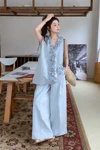 小香风前后两穿木耳边阔腿裤套装女夏甜美独特漂亮两件套爆款流行图片