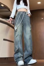 特批P40无差价秋季美式褶皱水洗牛仔裤中性高街痞帅阔腿裤N9053B，男装牛仔裤，电商A001