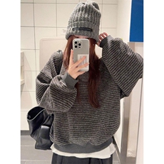 网图慵懒风仿兔绒条纹圆领套头卫衣男女秋季韩系外套上衣特P48，女装短外套，电商C306-1