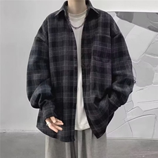 格子衬衫男长袖港风高级感外套痞帅潮牌工装情侣衬衣WLC23-P65，男装衬衫，星座1008