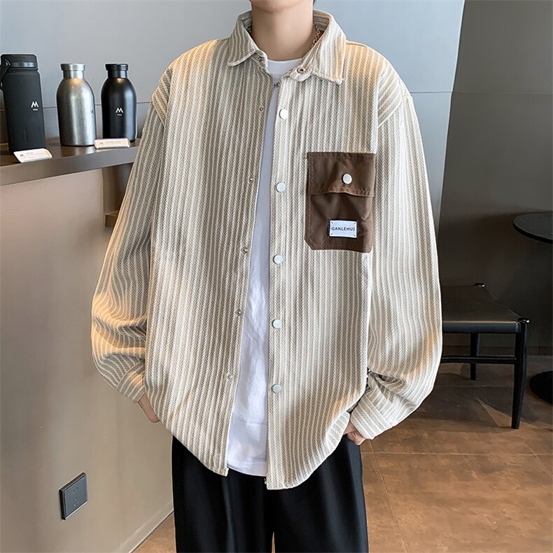 潮品复古条纹衬衫男长袖春秋男士高级感休闲衬衣春装外套图片