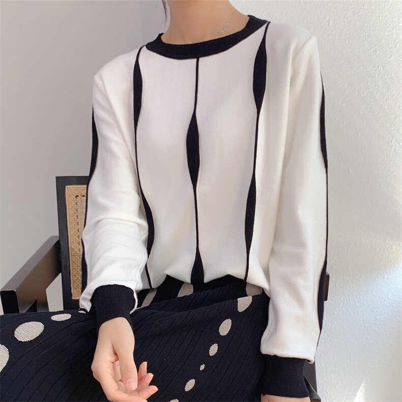 女士秋冬针织衫嵌花圆领简约时尚修身显瘦百搭款，女装针织衫/毛衣，洁纯羊绒