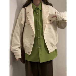 中性风黄底美式夹克女潮牌夹克男情侣大码M-5XL外套女JK8748P95控,黑衬衫怎么搭配学生女图片