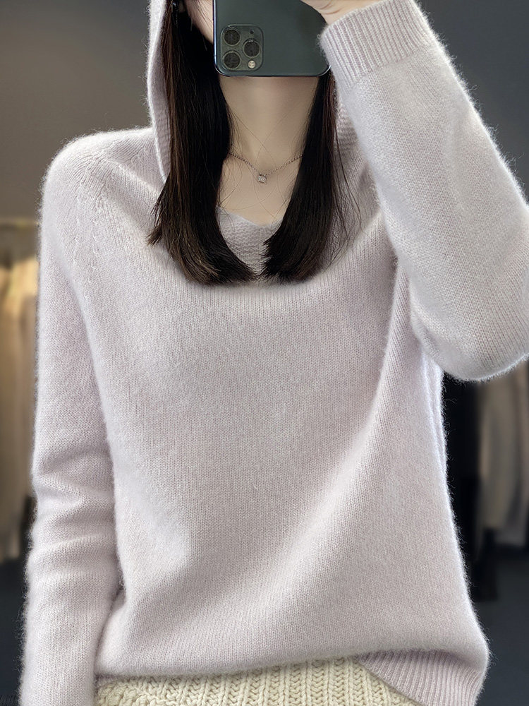 v领新款针织女长袖纯色简约百搭宽松套头连帽,针织衫/毛衣,戎洋