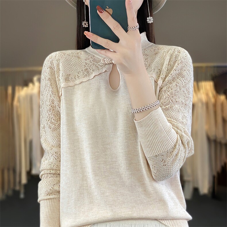 25早春薄款内搭打底衫精纺蚕丝羊毛衫中式盘扣旗袍领镂空针织衫女，女装羊毛衫，朝贺羊绒