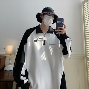 2022黑白撞色POLO衫卫衣男宽松休闲ins超火上衣W07P38