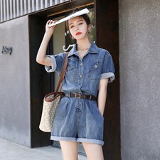 欧货洋气小个子炸街气质工装牛仔连体短裤女2025夏装炸街连衣裤潮，女装连体裤，钱塘布衣
