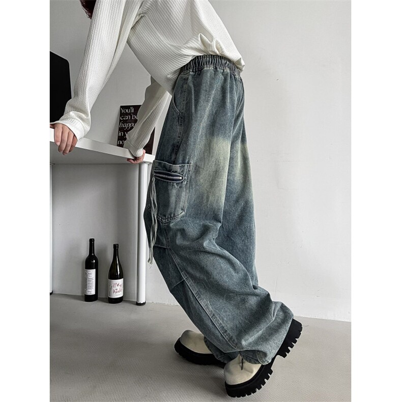 磨白美式褶皱牛仔裤男女cleanfit潮大口袋宽松工装裤子RK3064-P45图片
