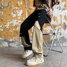 美式高街拼接撞色牛仔裤男新款显瘦破洞宽松直筒长裤N420-P47，男装牛仔裤，星座208-5