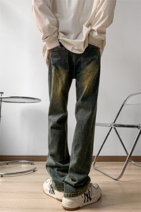 美式ins高街hiphop微喇复古蓝加绒牛仔裤货号K2320P55控88图片