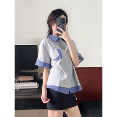 美式假两件格纹短袖t恤女夏季设计感小众polo衫上衣LY50700-p39，男装T恤，星座1008