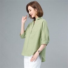棉麻衬衫女短袖韩版显瘦大码前短后长遮肚子衬衣夏季亚麻上衣女，女装衬衫，希欧阁