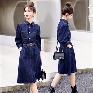 时尚显瘦牛仔连衣裙女长袖气质修身百搭新款春装裙子，女装连衣裙，秋水欣儿