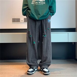 美式复古破洞牛仔裤男高街宽松阔腿老爹裤潮牌痞帅长裤NK503-p47图片