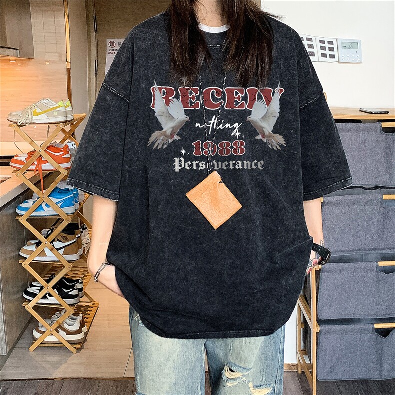 中性美式高街水洗做旧和平鸽印花短袖T恤潮宽松男女H819P38,男装T恤,电商A341