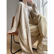 韩版宽松慵懒风100%纯羊毛开衫女V领中长款加厚外套带兜羊绒大衣，女装羊毛衫，绒汀羊绒