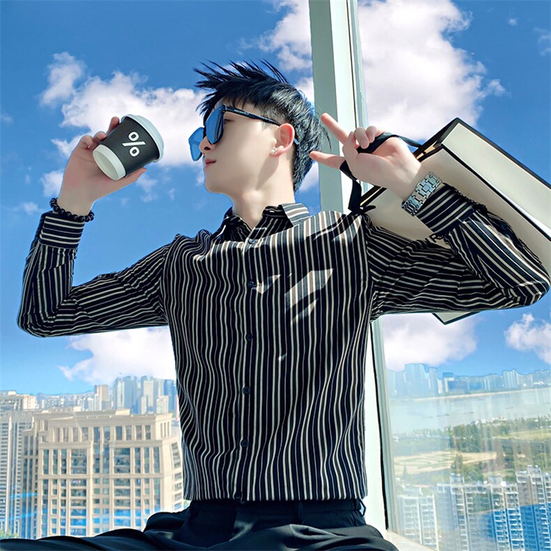 ACS72/P58控78秋季社会小伙高级百搭英伦修身条纹长袖衬衫男，男装衬衫，星座305B-1