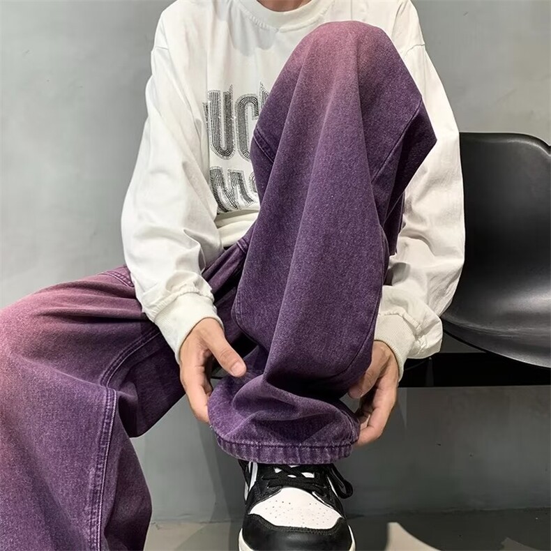 牛仔裤男秋季休闲裤子高街美式复古直筒宽松紫色牛仔裤H8081P46,男装牛仔裤,星座1116-2