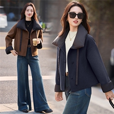 设计感翻领短款毛呢外套女2025秋冬新款宽松显瘦时尚双面羊毛大衣，女装双面呢大衣，丽美静依