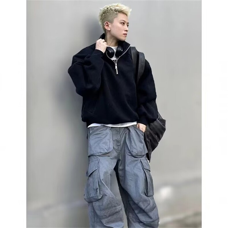 美式重磅半拉链立领卫衣男2025新款纯色cleanfit休闲polo衫上衣,男装卫衣,星座506A