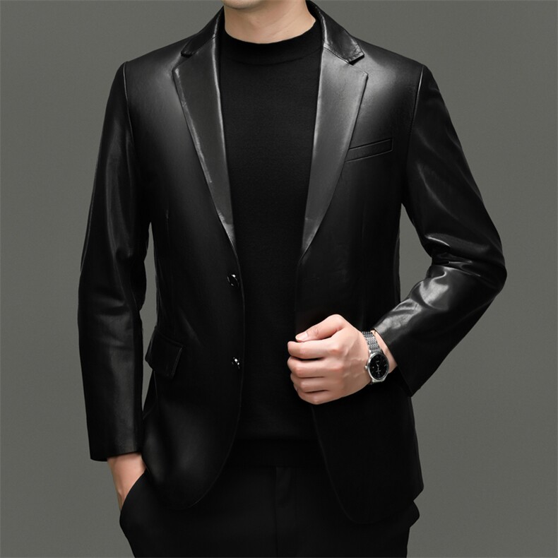 BG8113春秋款海宁真皮皮衣男山羊油蜡皮西服商务休闲男装外套图片