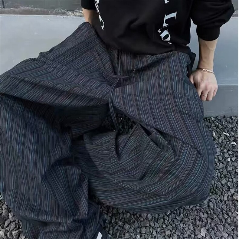 现货竖条纹弯刀阔腿香蕉裤松弛感穿搭慵懒风复古休闲拖地裤网图,男装休闲裤,星座302B-2