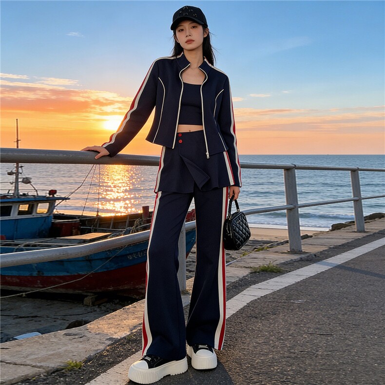 小个子穿搭时尚套装女春季新款条纹拼接开衫外套屁帘微喇裤三件套,女装套装/套裙,江南