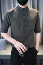 夏季男士七分袖麻料立领衬衫男休闲修身休闲衬衣A236-C666-P55，男装衬衫，电商A236