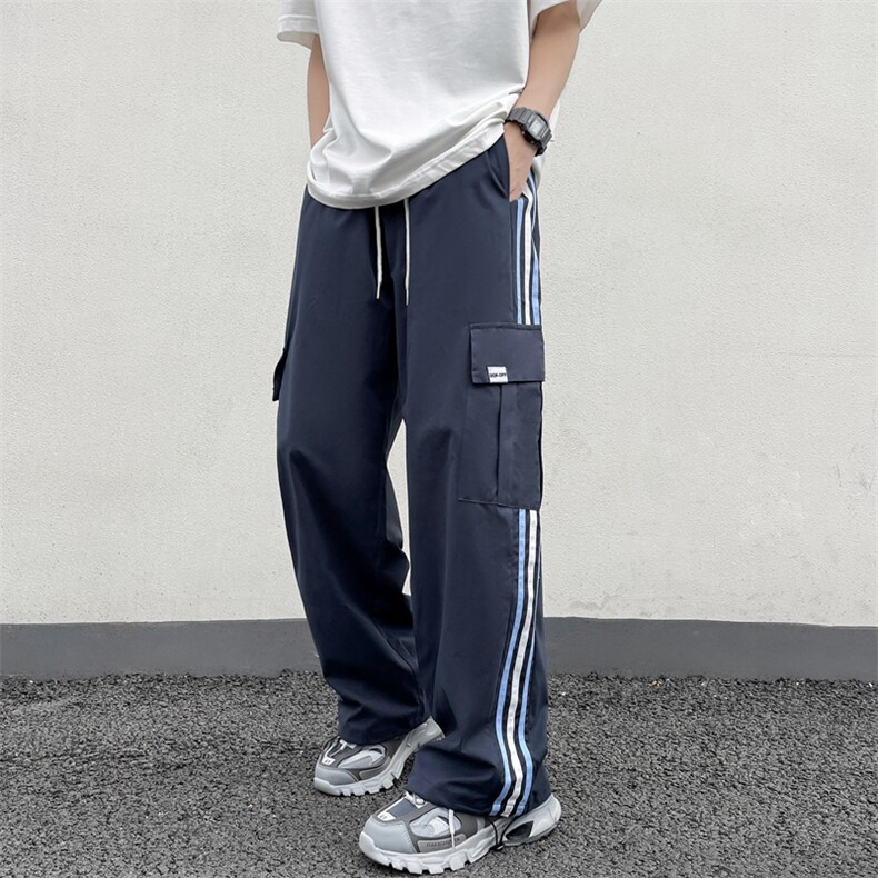 百搭条纹大口袋休闲裤男美式潮牌高街宽松直筒工装裤K6643-P40,男装休闲裤,星座512-4