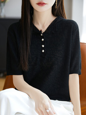常规V领2025年夏季其他五分袖简约法式通勤气质半袖T恤上衣，女装T恤，暖圣羊羊绒