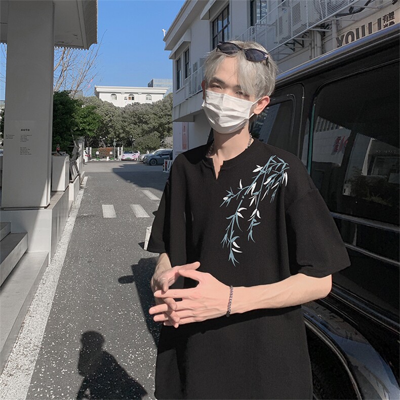 风抖音直播得物痞帅肌理感小V领短袖T恤T7520P25控39,男装T恤,电商C408-1(原B339-1)