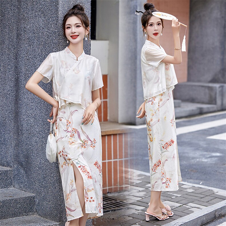现货新中式套装女新款夏季气质时尚绝美改良旗袍两件套,女装套装/套裙,韩美纤衣