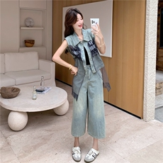 蕾丝网纱拼接牛仔阔腿裤套装女夏ootd流行巨好看小众不撞款两件套，女装套装/套裙，2C135