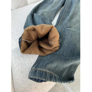宽松复古水泥灰牛仔裤女秋冬加绒新款早春显瘦高腰垂感拖地阔腿裤图片