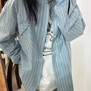 蓝青色条纹衬衫女2025新款宽松休闲显瘦薄款衬衣开衫外穿潮流图片