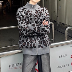美式复古豹纹针织开衫秋冬季宽松慵懒风设计感上衣外套，男装针织衫/毛衣，星座1018A