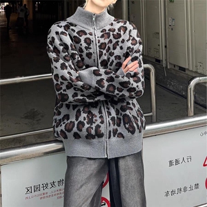 美式复古豹纹针织开衫秋冬季宽松慵懒风设计感上衣外套图片