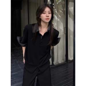 得物抖音高品质二开 夏季美式潮牌假两件条纹衬衫翻领高街短袖T恤图片