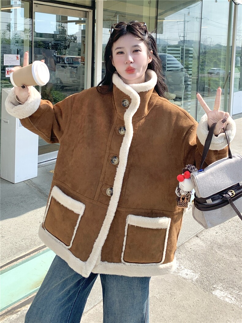 减龄两面穿咖色皮毛一体外套女冬季2025新款羊羔毛小个子加厚棉服,女装羊羔毛/颗粒绒,秀美人生