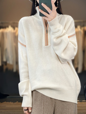 2025年秋季新款拉链款纯色针织上衣时尚休闲宽松，女装针织衫/毛衣，奢优羊绒