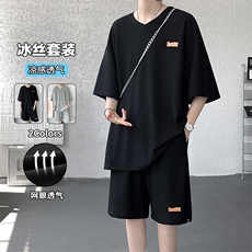 特批P60无差价夏季大码透气网眼冰丝V领速干轻薄两件套装男TZ5589，男装休闲套装，电商A001