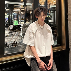设计感拼接宽松圆领短袖夏季潮流休闲T恤纹路感潮牌上衣842P38，男装T恤，电商A458A