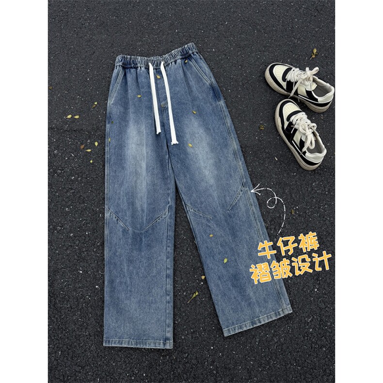 美式复古水洗做旧抽绳牛仔裤复古宽松潮流 K802特批35：68图片