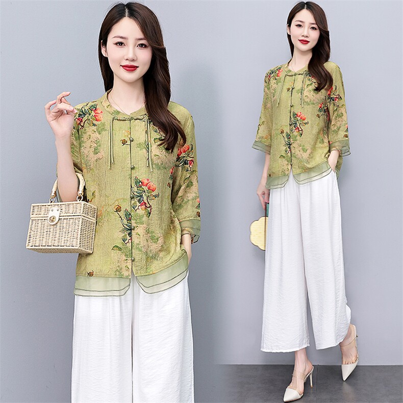 天丝复古花色休闲薄套装女2025夏季新款大码宽松高腰阔腿裤两件套，女装套装/套裙，魅影