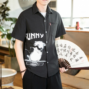 2021春季新风日系大码男卡通小猫印花宽松短袖衬衫C3003-P35图片